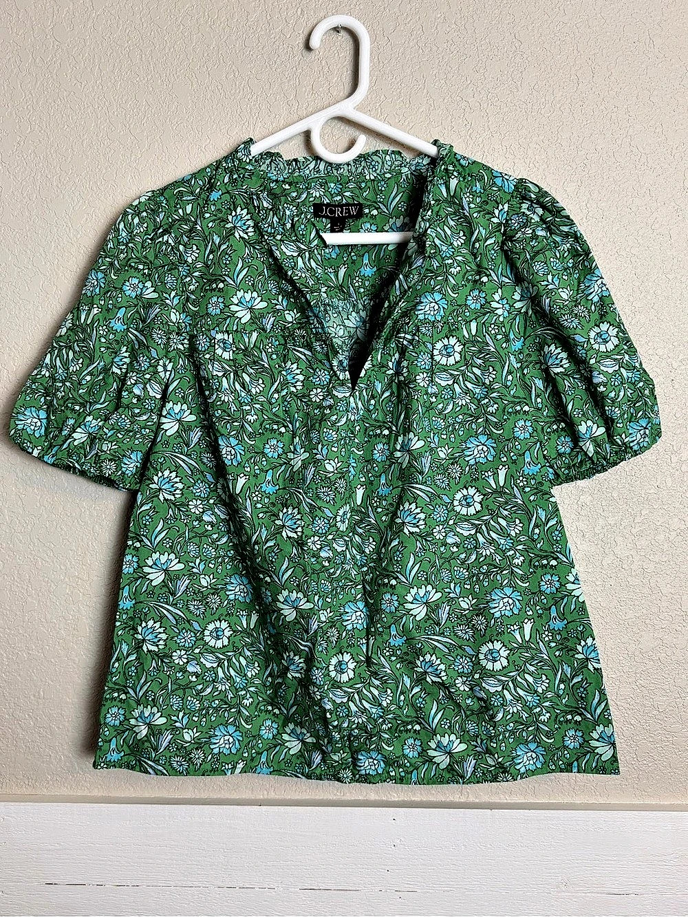 J.Crew Green Floral Puff Sleeves 100% Cotton Blouse Top Size Small S